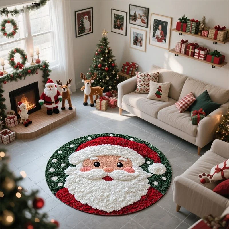VIKAMA Round Christmas Rug Santa Claus Face Holiday Decor Green Snow Circular Area Rug Floor Mat 2027 Christmas Home Decor