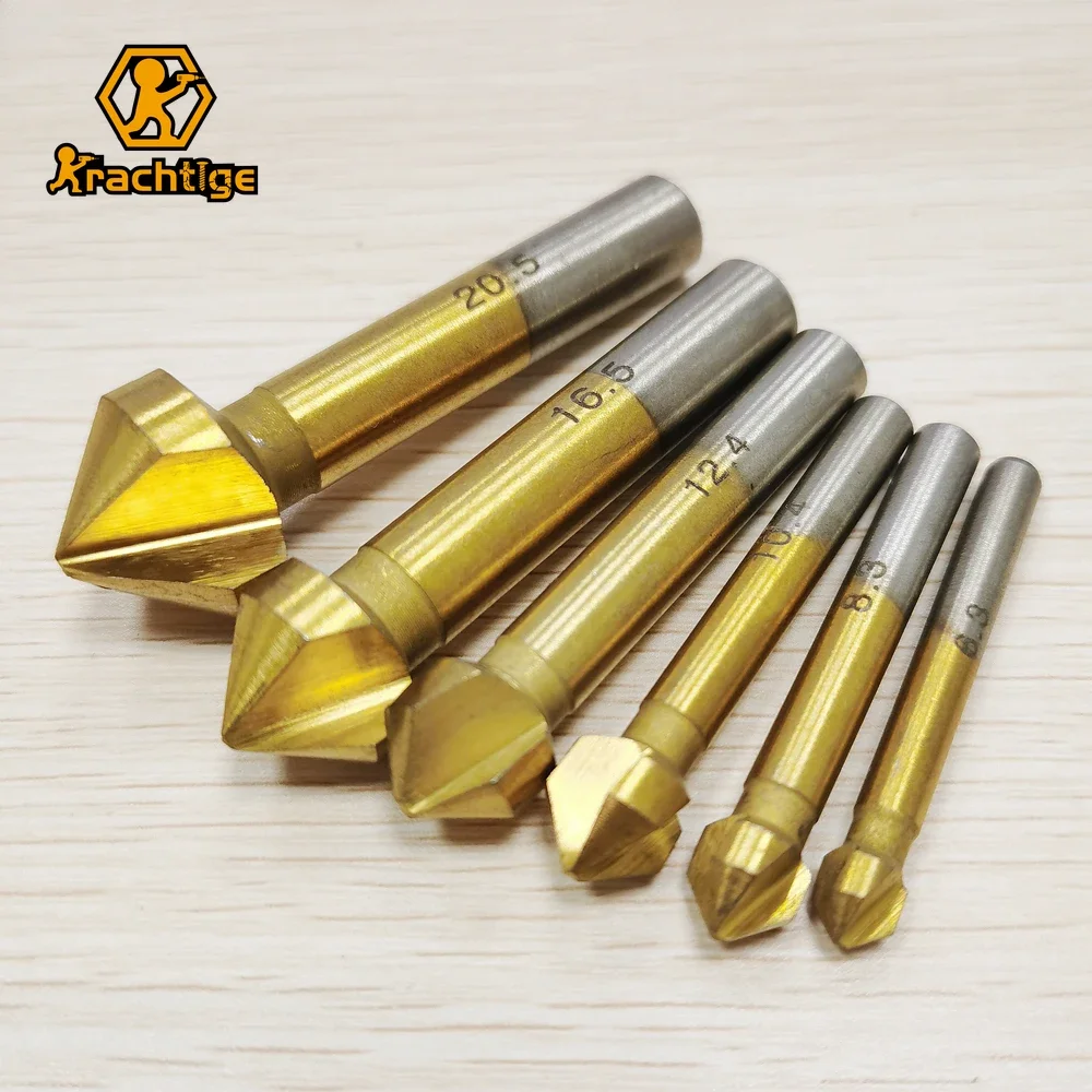 

Krachtige 6Pcs 3 Flute HSS Titanium Chamfer Chamfering End Mill Cutter Bit Countersink Set