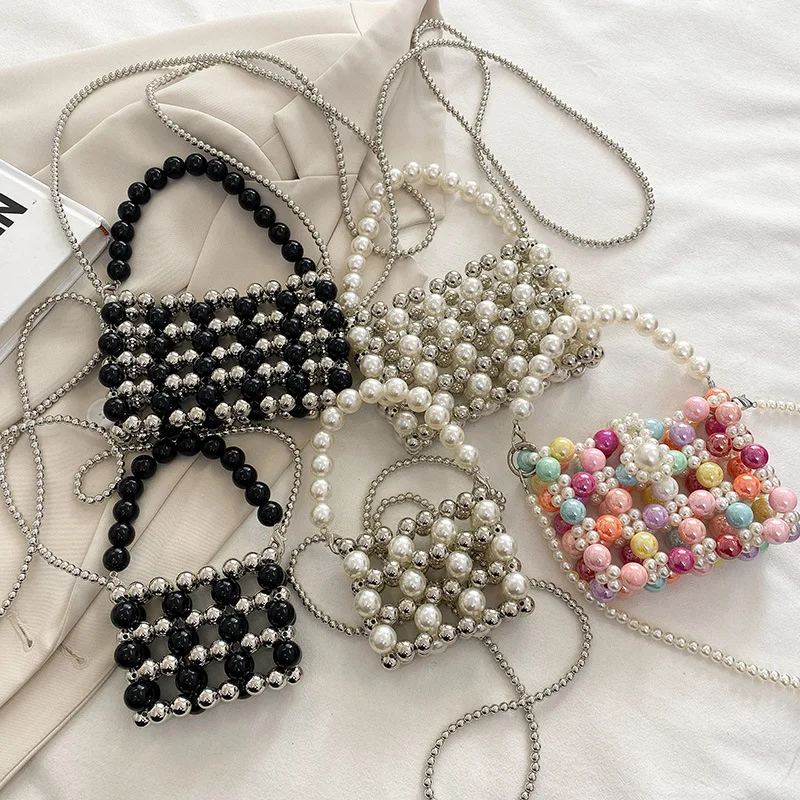 Candy Beaded Women\'s Shoulder Bag Fashion INS Colorful Pearl Crossbody Bags for Woman Cute Knitted Hollow Out New In Handbag