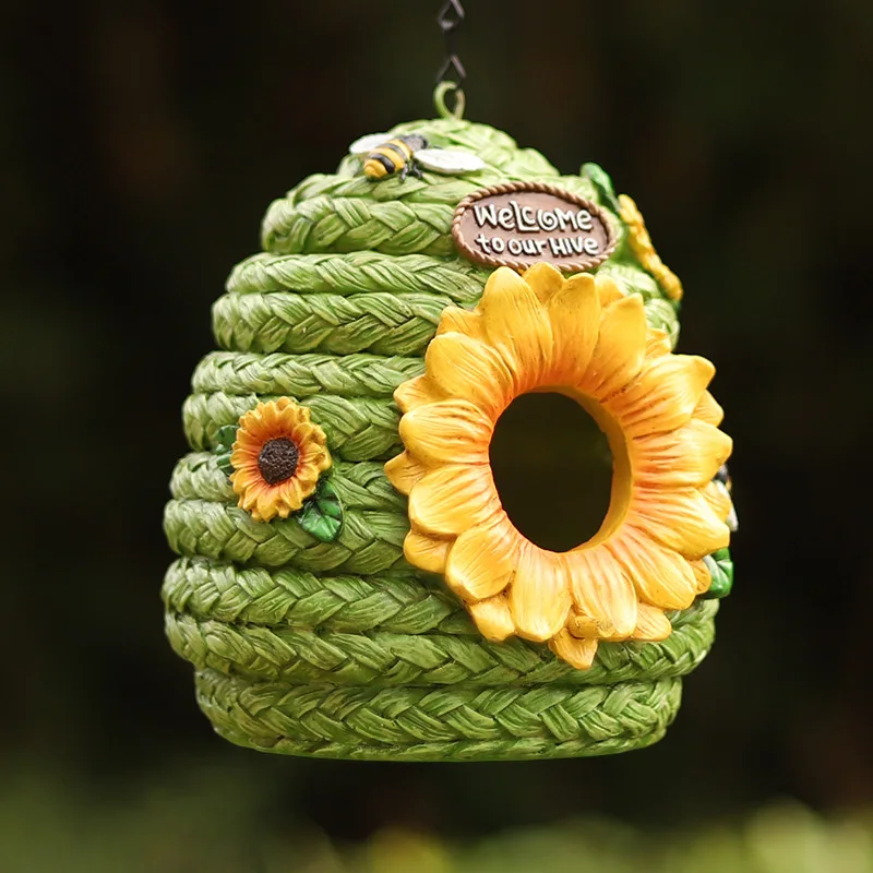 Garden villa decorative resin crafts, pastoral style sunflower honeycomb woven birdhouse, outdoor hanging ornaments