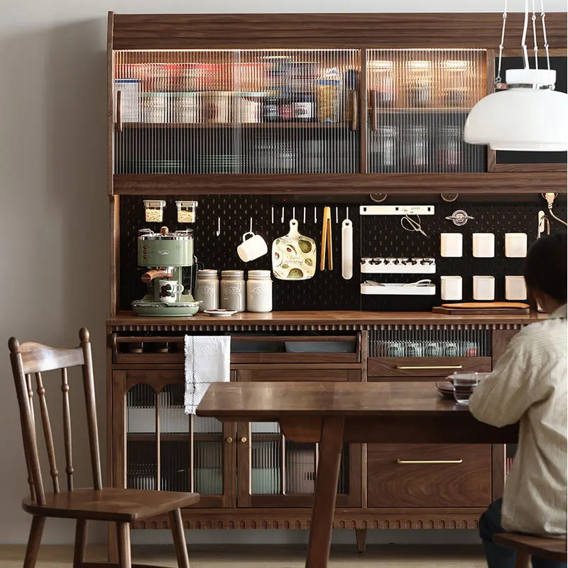 Nordic all-solid wood sideboard integrated wall-walled high cabinet guest dining room hole board storage black walnut