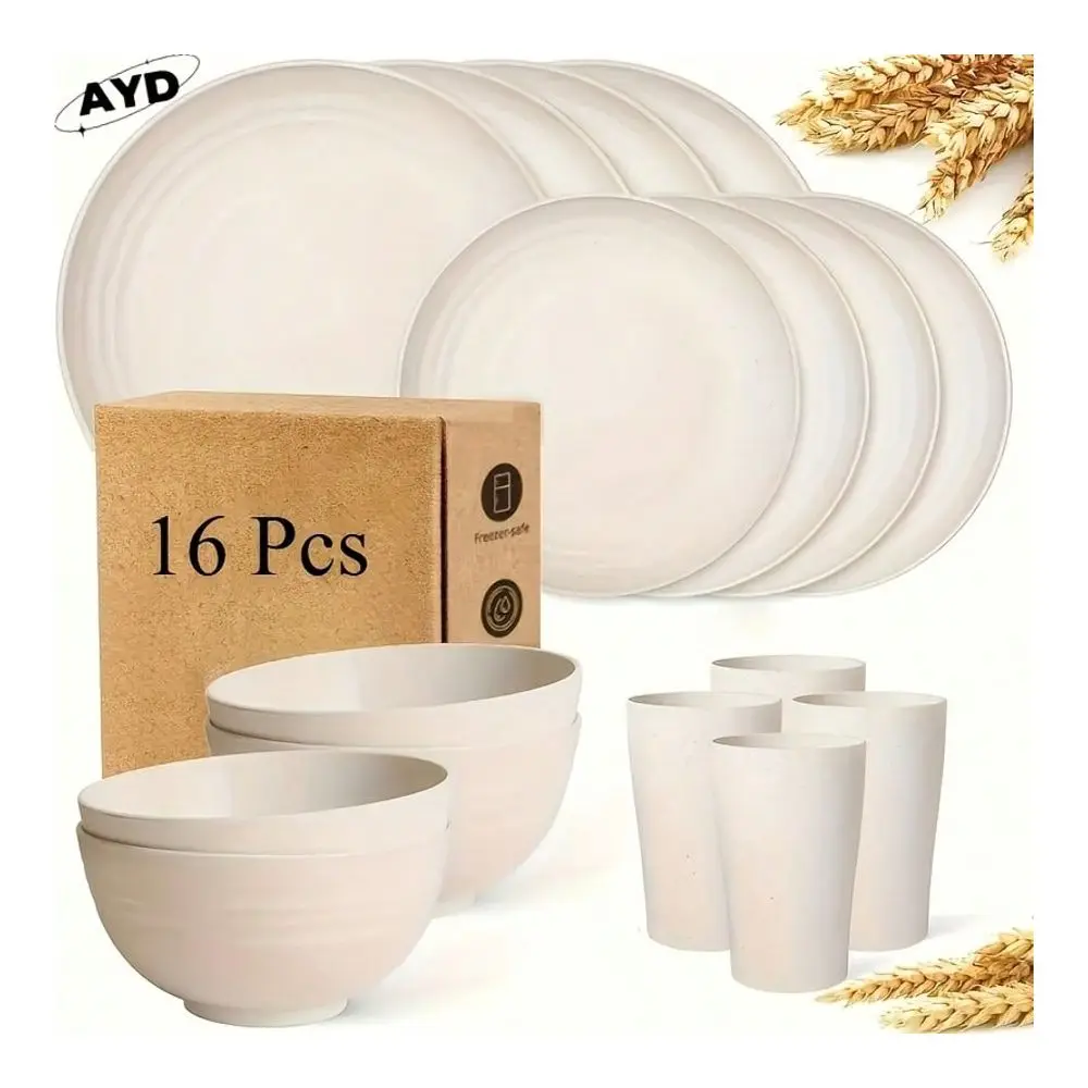 

16pcs Wheat Straw Dinnerware Sets, Plates And Bowls Sets For 8, Black Plastic Dinnerware Sets, Microwave Dishwasher Plates, Dis