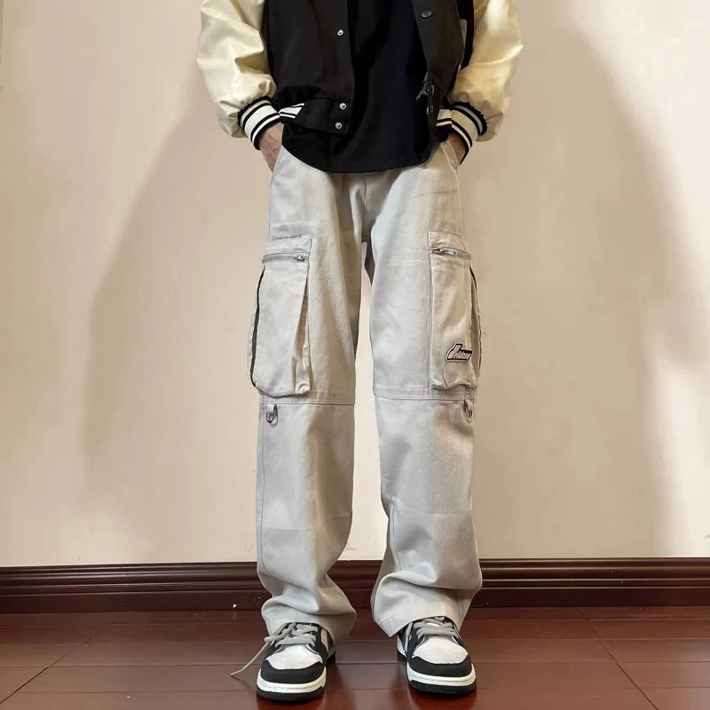 Spring Autumn New Fashion Solid Color Trousers Men's Clothing Loose Elastic Waist Drawstring Pockets Trend Casual Cargo Pants