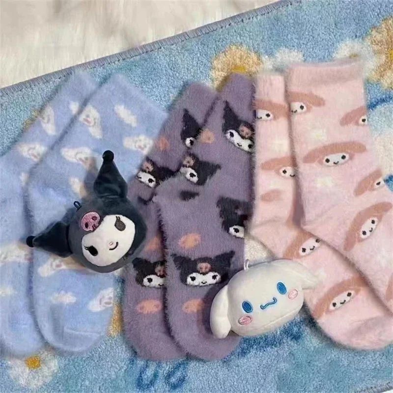 Sanrio Kuromi Plush Socks Cute Cartoon Soft Winter Warmth Women Socks Deodorization Sweat Absorption Non-slip At Home Gifts