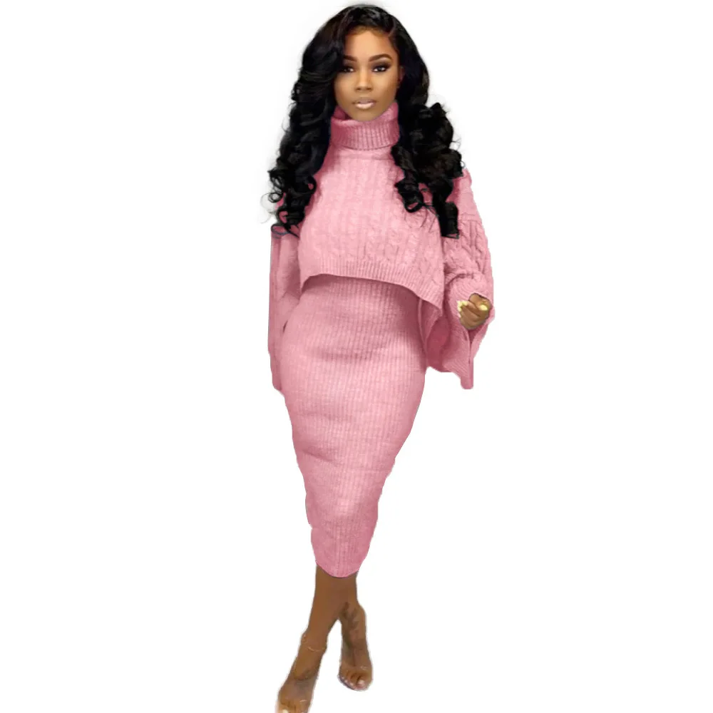 Two Piece Set Women Outfit 2023 Spring Fashion Solid High Neck Long Sleeve Ribbed Sweater & Thin Strap Casual Midi Dress Sets