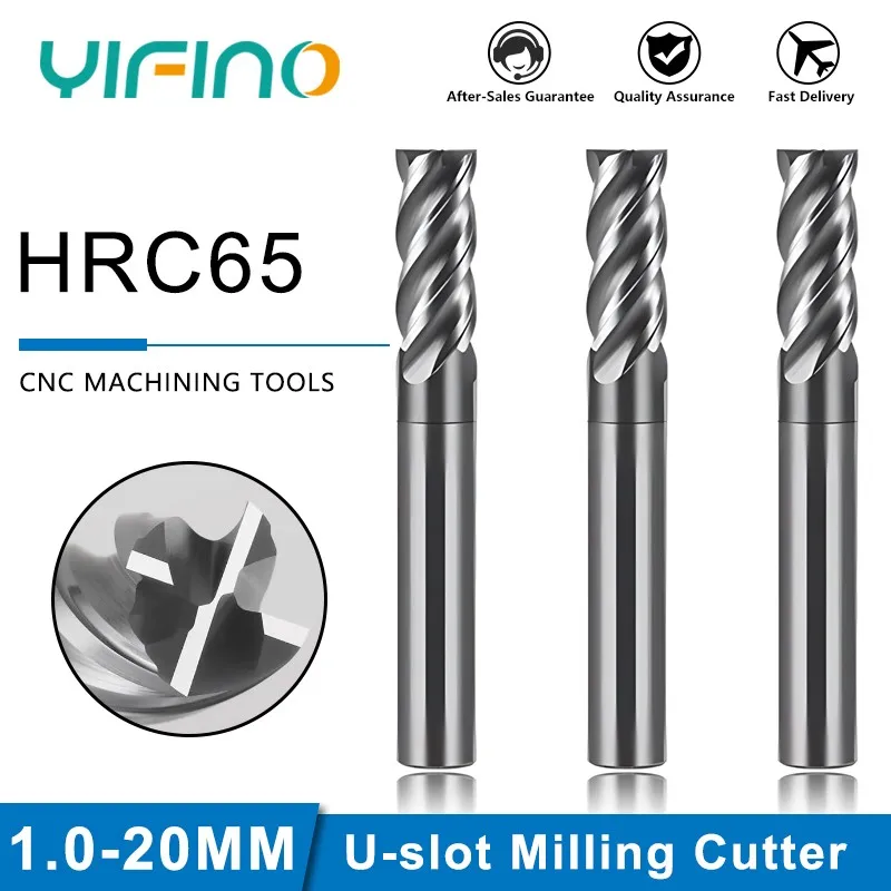 YIFINO HRC65 4-Flute Tungsten Steel Carbide U-slot Milling Cutter Stainless Steel Dedicated CNC Mechanical End Mill Tool