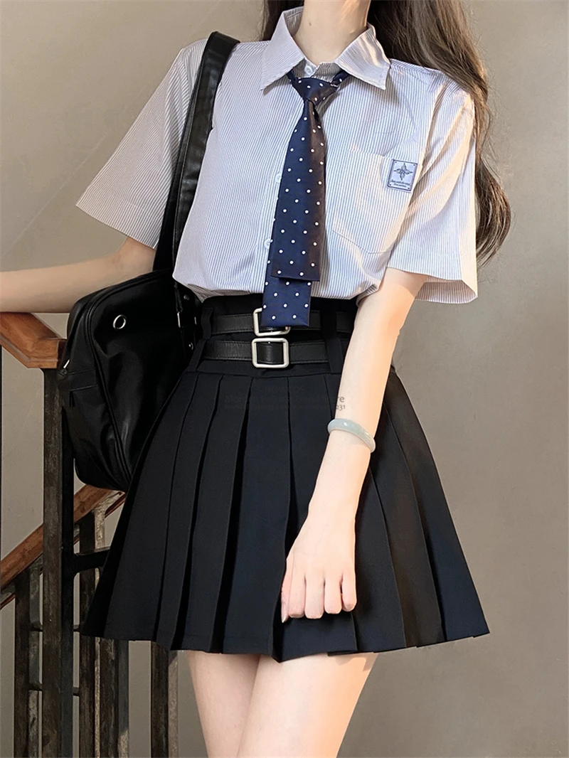 New Double Belt Pleated Skirt for Women Hot Girl 2024 Summer Autumn American Korean School Uniform A-line Short Skirt Chic Slim