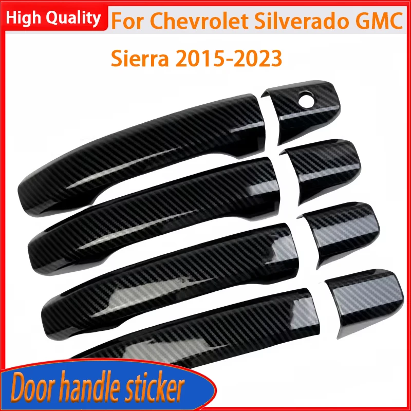 Glossy Black Carbon Fiber Chrome Car Door Handle Cover Trim Styling Accessories For Chevrolet Silverado GMC Sierra 2015-2023