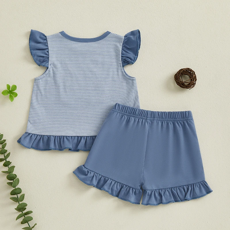 Adorable Infant Girl Outfit with Cute Bunny Applique Flutter Sleeve Top and Matching Ruffle Shorts for Summer Fun