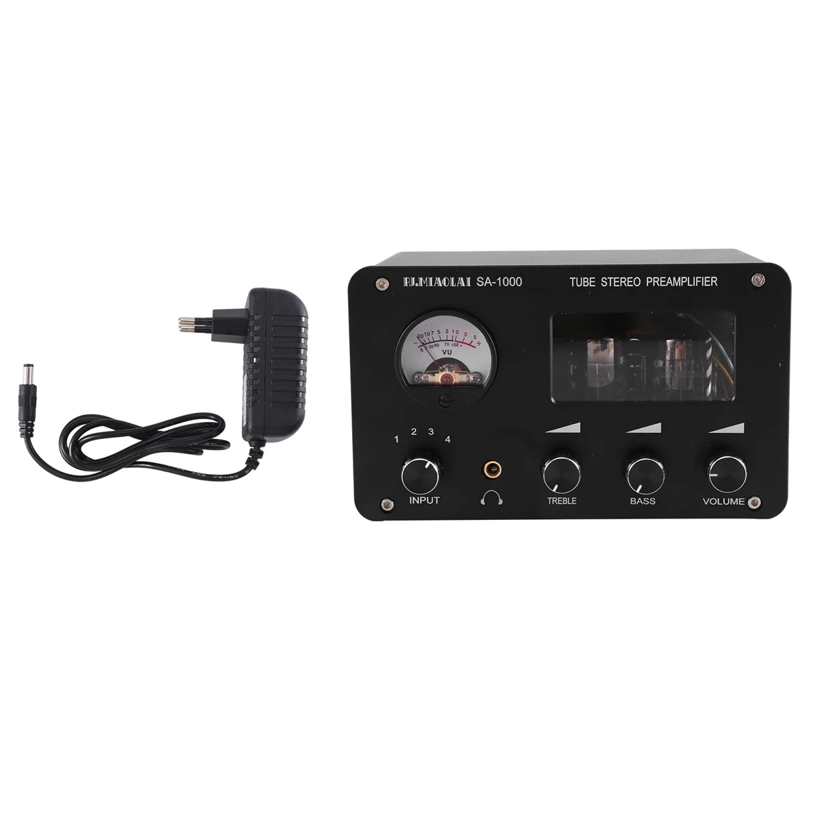 Audiophile Tube Preamp 4-Input 2-Output HIFI Preamp with Built-in VU Level Meter High-Bass Adjustment Amplifier EU Plug