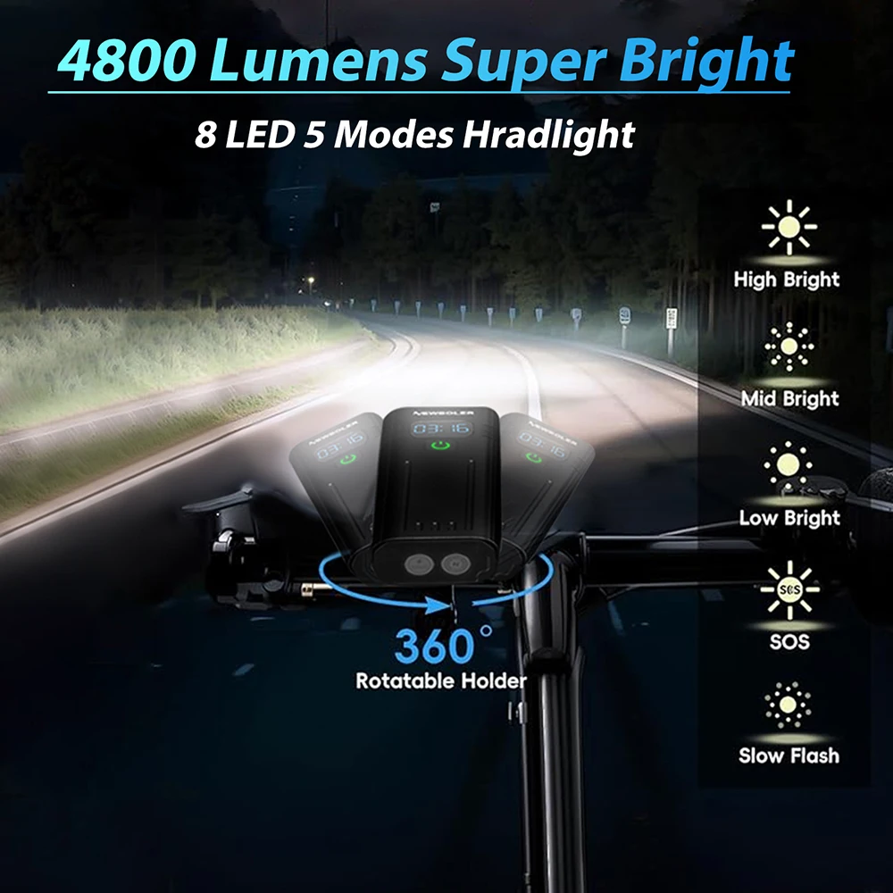 NEWBOLER Bicycle Light USB Chargeable 4800 Lumen Rainproof MTB Bike Light Set With 2 Holder 10000mAh Flashlight Bike Accessories