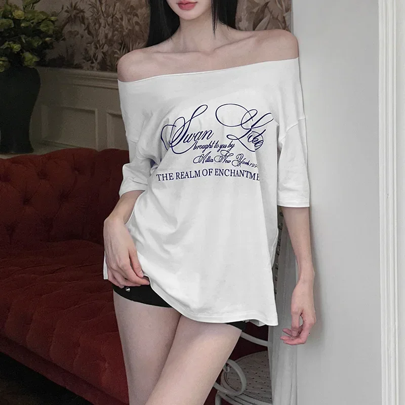 Fashion Relax Letter Print Graphic T Shirts White Oversized One Shoulder Tops Womens Summer Fashion Clothing Trends