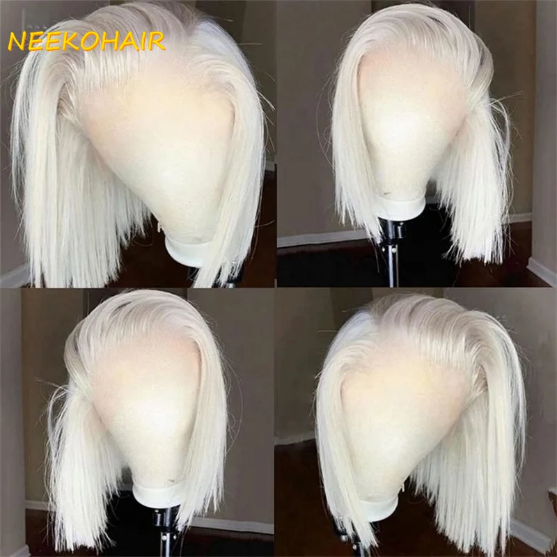 13x4 #60 Color Platinum Blonde Short Bob Wigs Lace Front Wig Human Hair With Pre Plucked Brazilian Ash Blonde Straight  Bob Wig