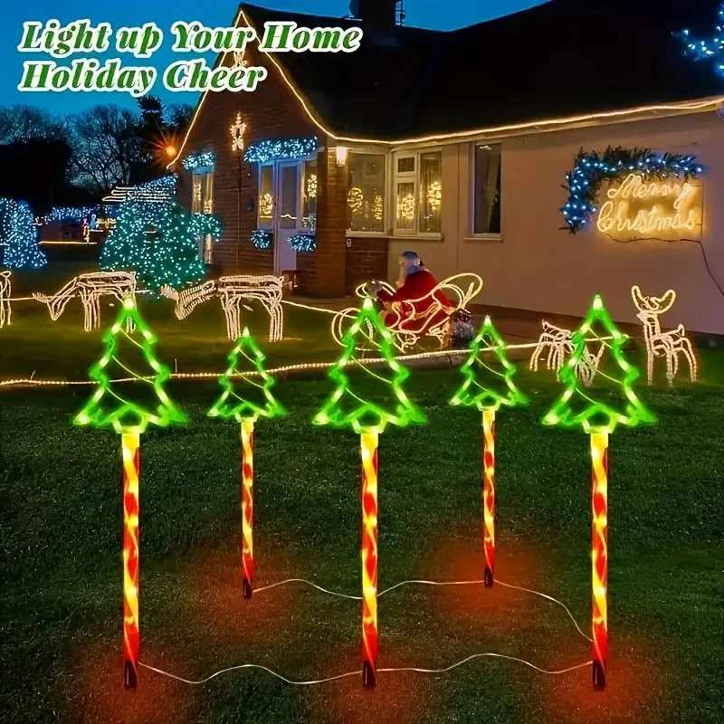 Outdoor Solar Christmas Tree Lights 5PC Set Waterproof 8 Modes Candy Floor Light String Garden Courtyard Decor