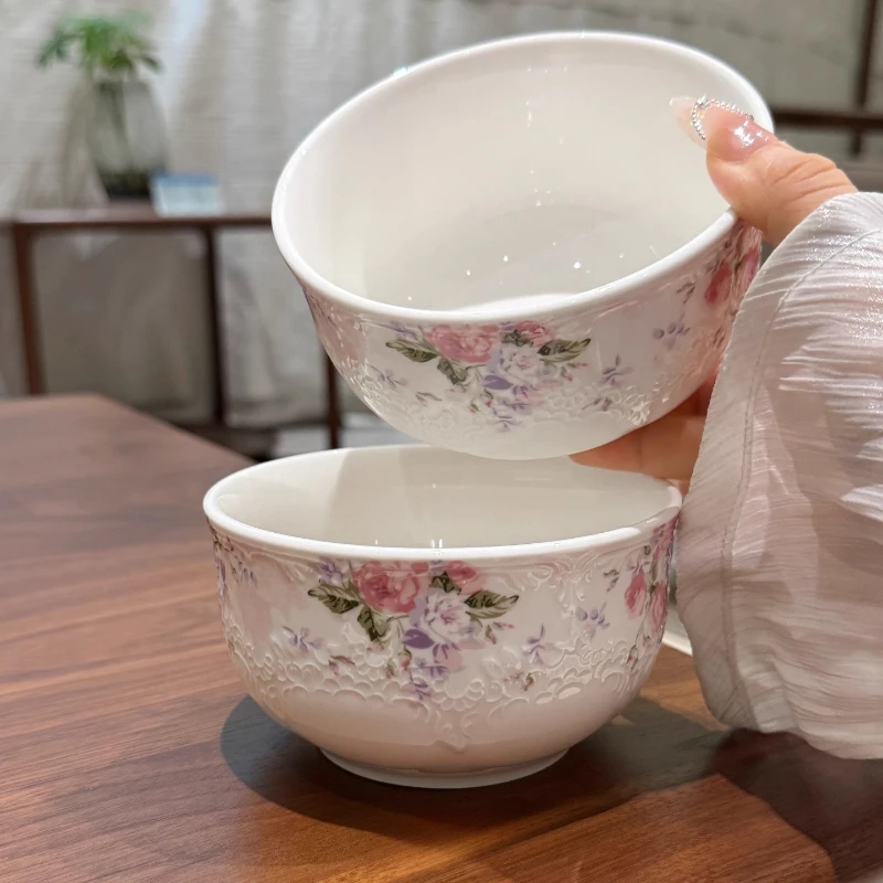 

Ceramic Floral Print Pattern Bowl Household Relief Bowl for Soups Stews Microwave and Dishwasher Safe Korean Kitchen Tableware