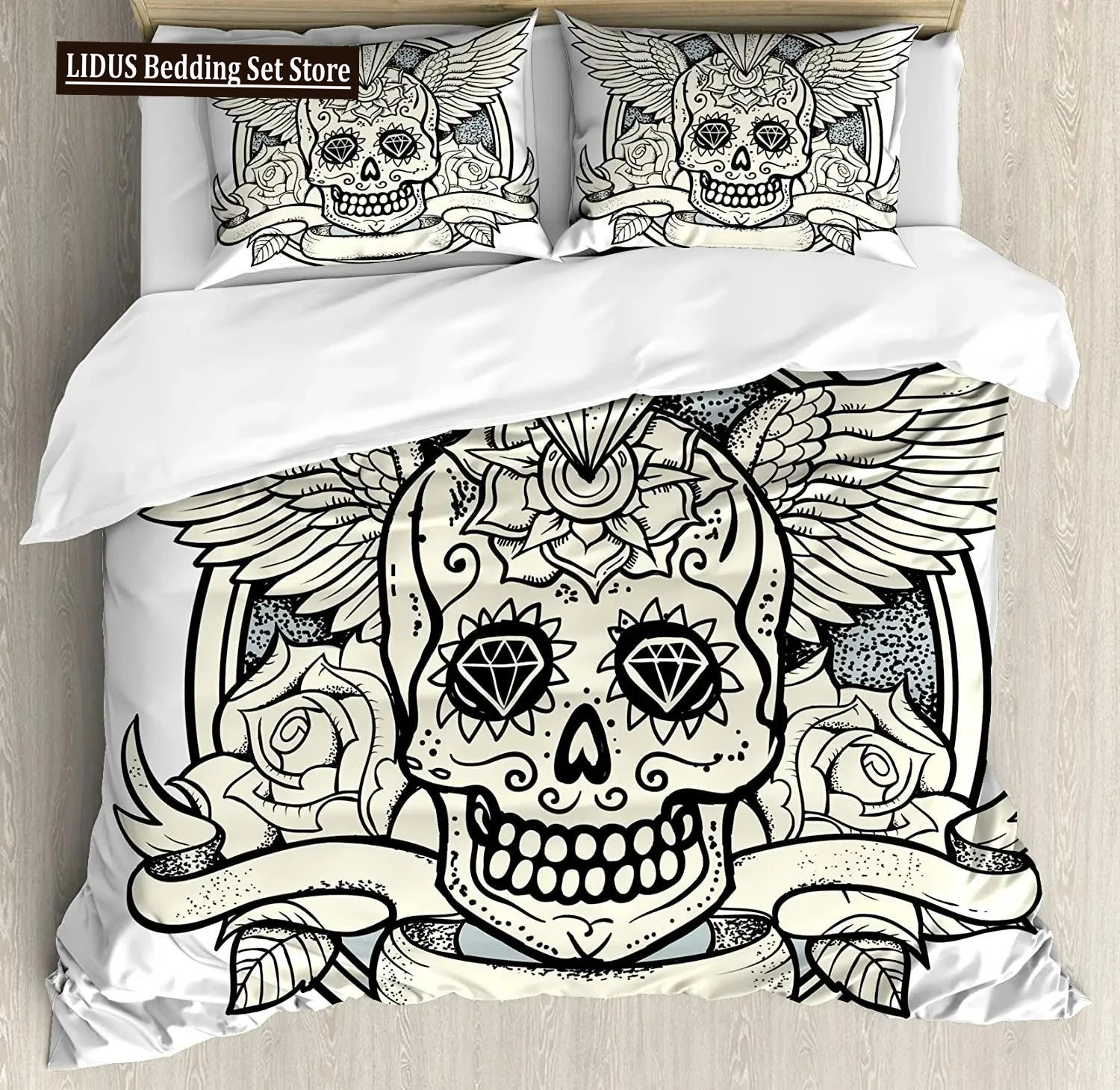 Sugar Skull Duvet Cover Set,Illustration Of Calavera Diamond And Roses Vintage Revival Design, Decorative 3 Piece Bedding Set