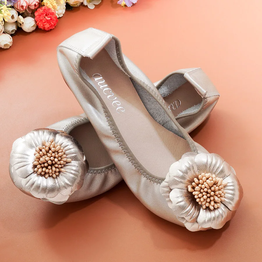 Flat Women's Shoes Flower Adornment Genuine Leather Casual Shoes For Women Plus Size 44 Comfortable Soft Ballet Shoes Sneakers