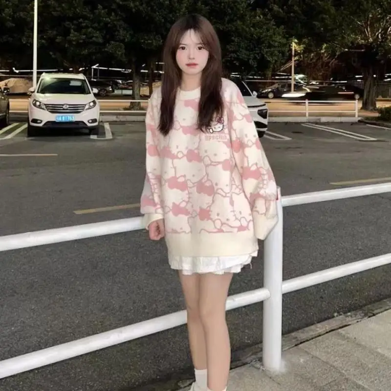 Kawaii مرحبا كيتي سترة سانريو فتاة الرجعية الخريف والشتاء معطف كلية نمط الحياكة سترة سترة جديدة الكرتون فضفاض Y2K