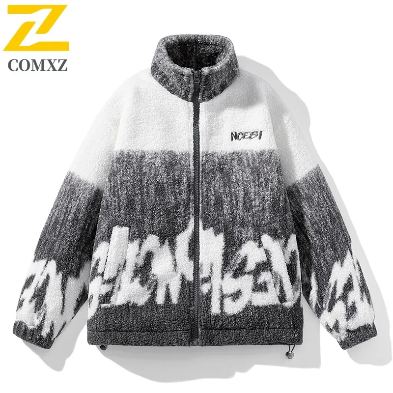 

COMXZ Мужская флисовая куртка ягненка с воротником-стойкой, уличное пальто для кемпинга, защиты от холода, дизайн сращивания, легкое зимнее пальто для пешего туризма
