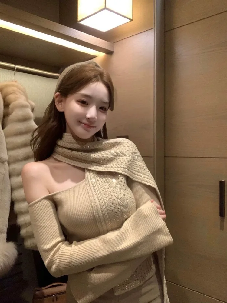 Women's 2026 Autumn Diamond Scarf Faux Two Piece Knit Top Slim Fit Elegant Chic Coquette Streetwear Trendy Versatile Jumper