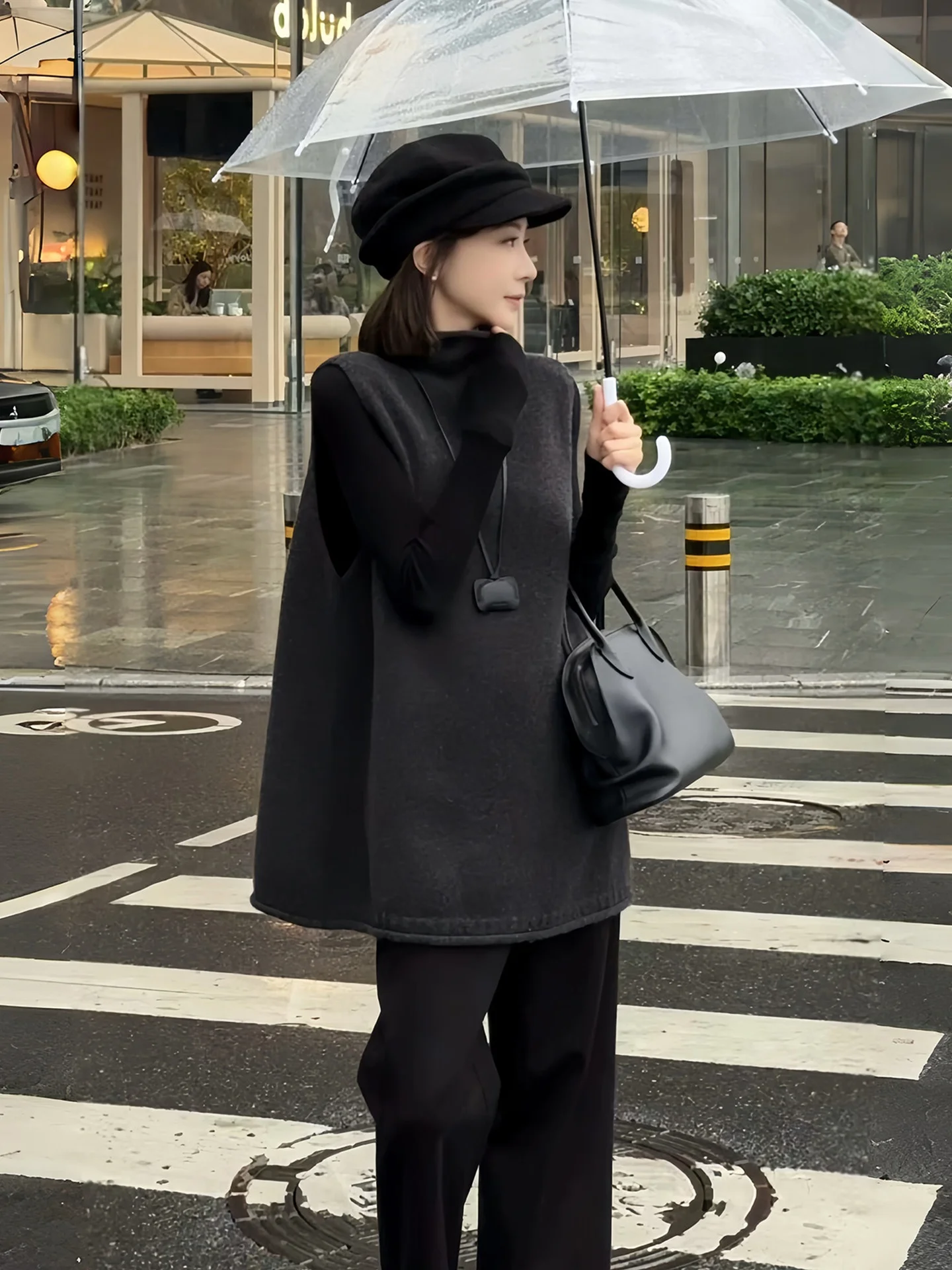 

Вязаный жилет свободного кроя для женщин: теплый свитер с высоким воротником средней длины для повседневной носки, модная зимняя верхняя одежда