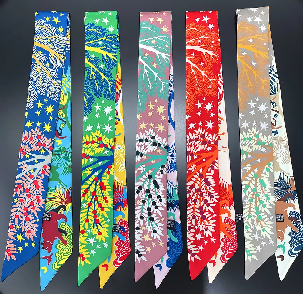 New Fashion All-match Korean Version Mayan Jungle Animals silk scarf Twill Long Strip Small Scarf Tie Bind a bag Ribbon Streamer