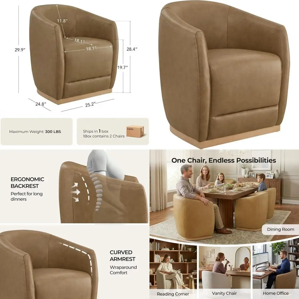 

Upholstered Dining Chairs with Casters Set o 2, Genuine Leather Barrel Chair with Backrest & Dual Armrest, Rolling Chairs or Din