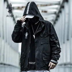 AOGZ Reflective Zipper Cargo Jackets Coat Men Streetwear Tactical Function Multi-pocket Hoody Windbreaker Outwear Tops Spring