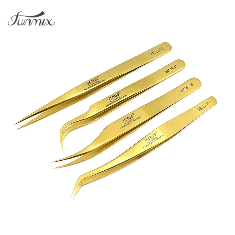 100%Vetus MCS Series Golden colors Premium Beauty Makeup Tweezers for Eyelashes Extension Pinzas Super precision