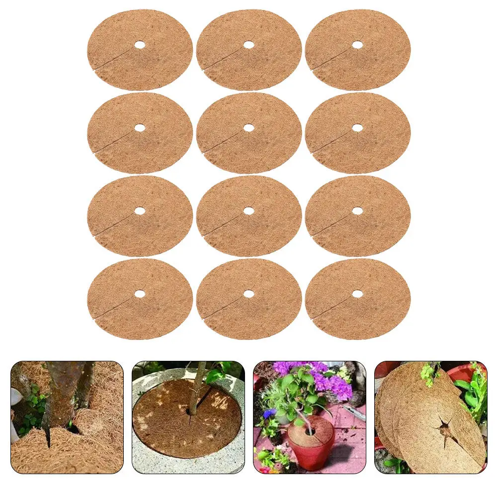 12Pcs Coir Mulch Mats Plant Protection Cushion Coconut Fiber Liner Garden Flower Pot Ring Mulch Mat Breathable Plant Pot Cover