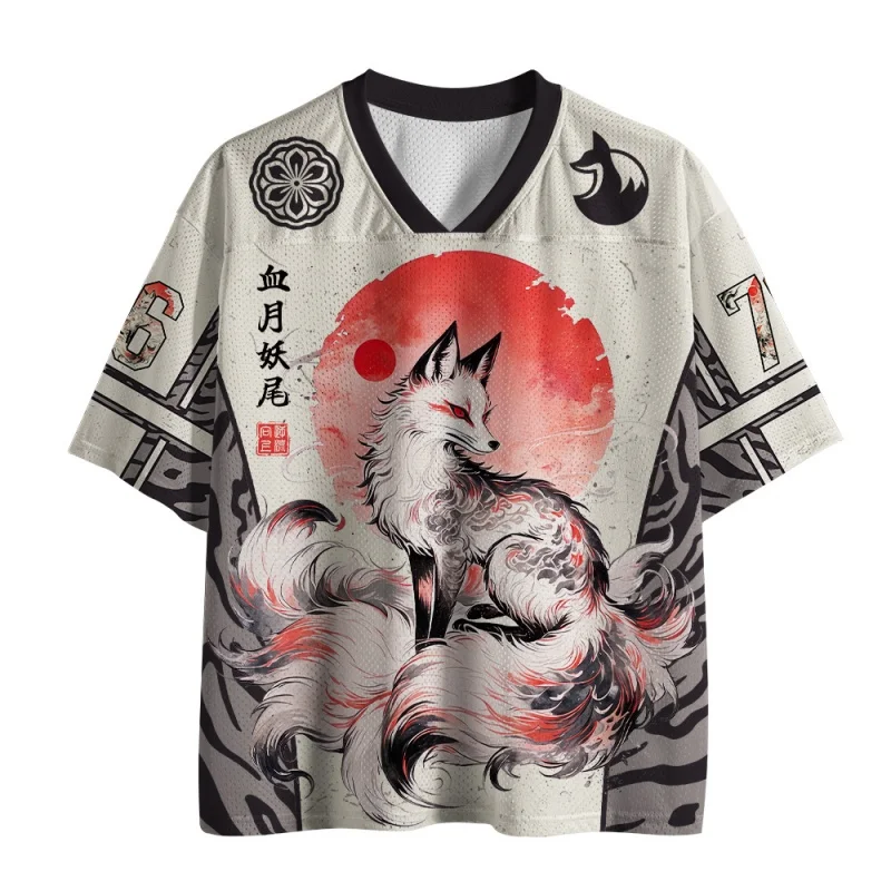 Japanese Nine-Tailed Fox Kitsune Jersey Blood Moon Ukiyo-E V-Neck Number Short Sleeve Top