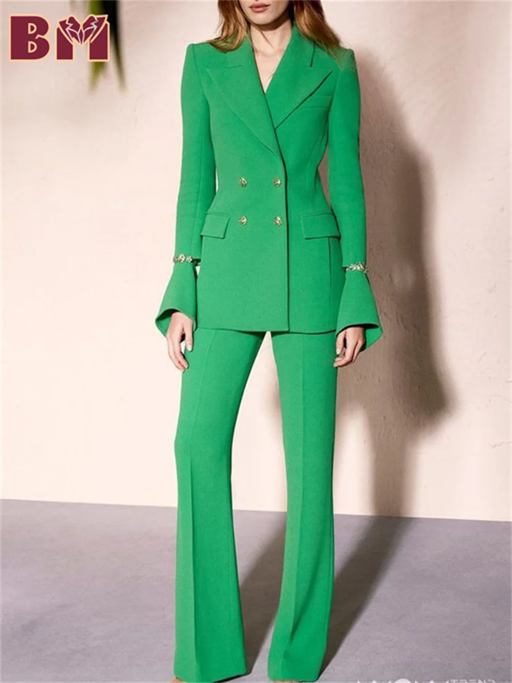 BRLMALL-2PCS Classic Green Women Suit Set Jacket Pant Charming Single Button Custpmized Suit Jacket Women Wedding Suit