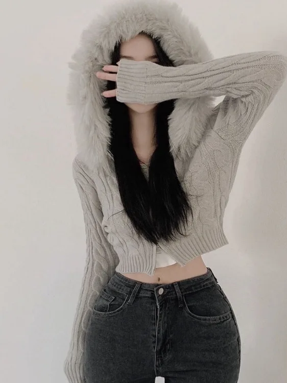 

Korean Sle Women's Knitted Sweater Coat with Large Fur Collar Slim Fit Hooded Open Cardigan Outerwear for Autumn Winter