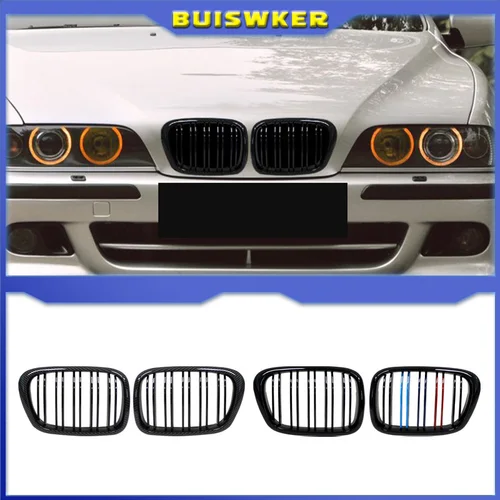 Imagen 1 del producto Parrilla de riñón de capó delantero negro brillante ABS de doble línea Compatible con BMW E39 serie 5 525 528 530 M5 1997-2003