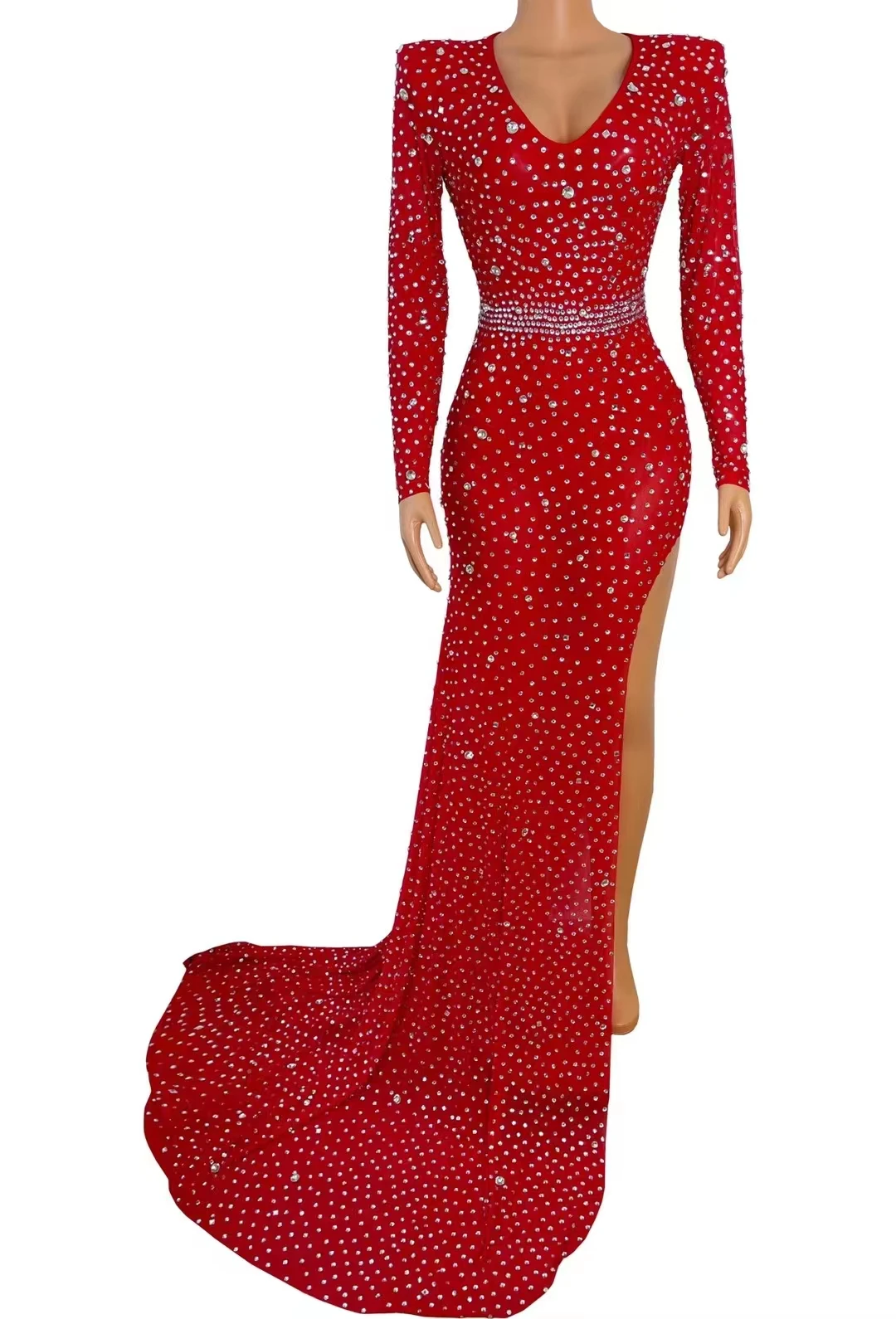 Robe Longue avec Traîne pour Femme, Tenue de brevBrillante, Costume d'Anniversaire, 3 Couleurs, Nude, Noir, Rouge