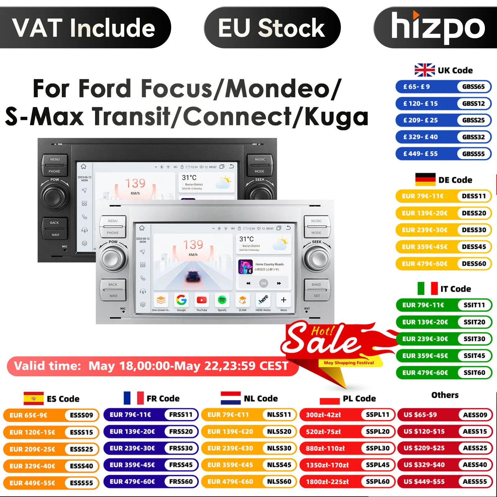 8G + 128G 2din Android 14 autoradio GPS pour Ford Mondeo s-max Focus C-MAX Galaxy Fiesta Transit Fusion Connect Kuga multimédia Nav