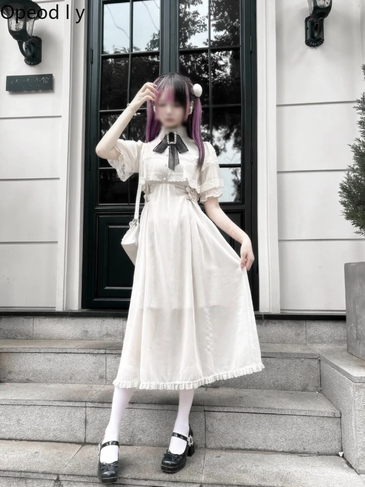 

Japanese New Mass-produced Double-layer Lace Short-sleeved Women's Dress Sweet Elegant High-waisted Thin Cloak Long Dress