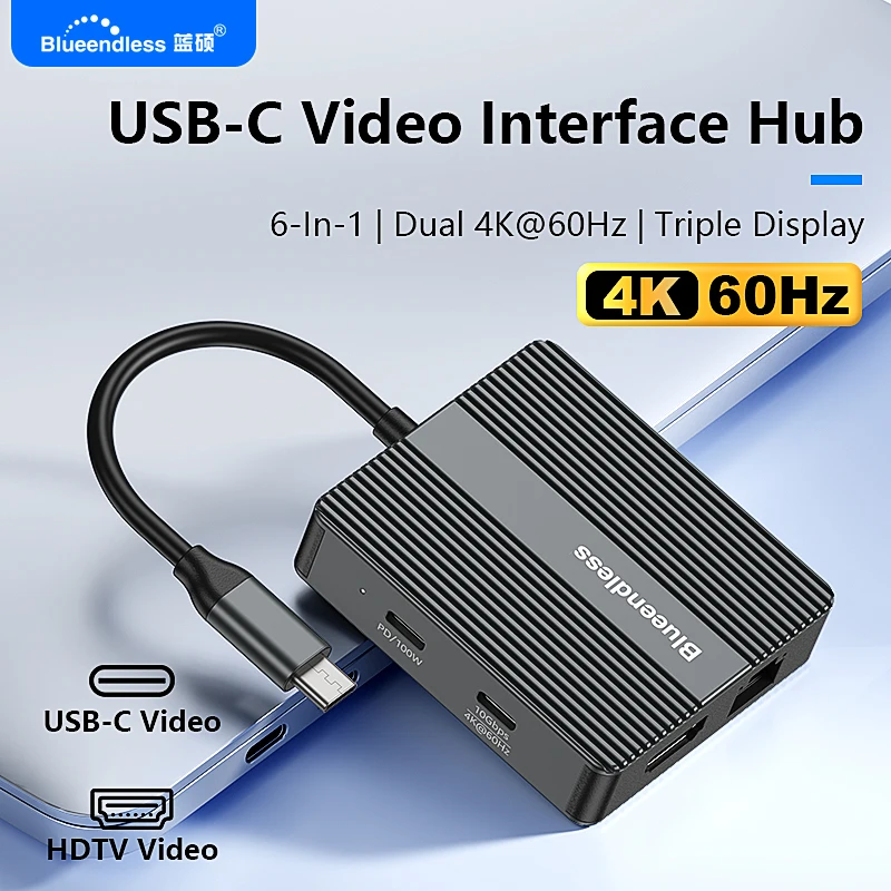 Blueendless 6-in-1 USB C Docking Station 4K60Hz HDTV Gigabit Ethernet PD100W 10Gbps USB3.2 Type C Hub Adapter for Laptop MacBook