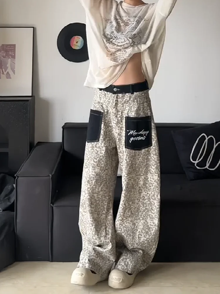 Cool Girl American Style Leopard Print Wide Leg Jeans Women Summer Loose Slimming High Waist Knife  Denim Pants Casual Tr...