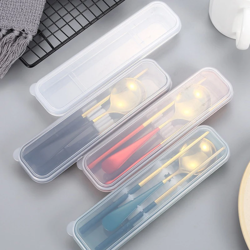 Portable Reusable Plastic Storage Box School Home Slot Design Practical Cutlery Transparent Cover