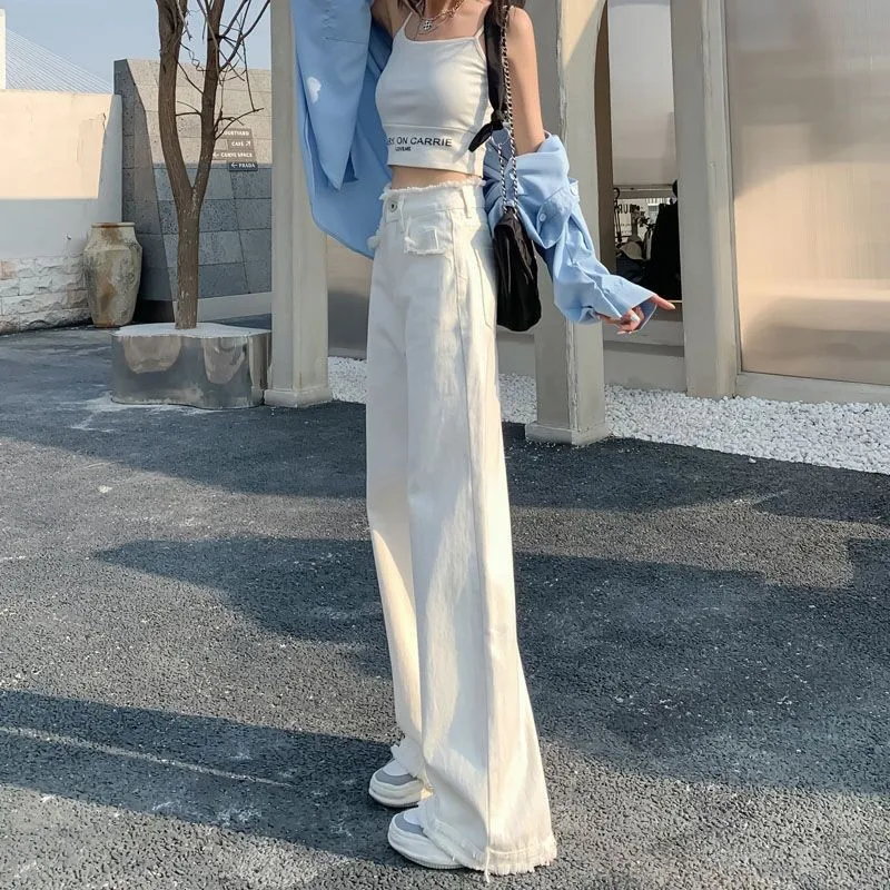 

Spring Women's Clothing Slim Fit High Waist White Wide Leg Jeans For Woman Cotton Denim Long Pants With Raw Hem Details