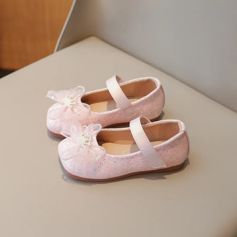 New Sweet Princess Shoes for Girls Glitter Lace Bowknot Children\'s Leather Shoes Fashion Sequins Elegant Kids Flats Single Shoes