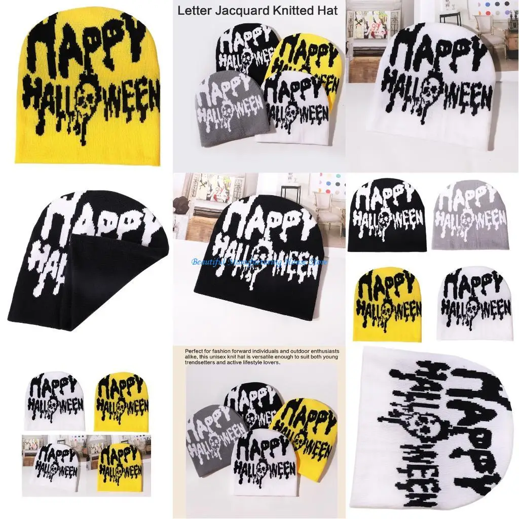 

E56A Popular Brimless Hat Knitted Skull Hat with Letter Pattern 2000s Teens Hiphop Hat