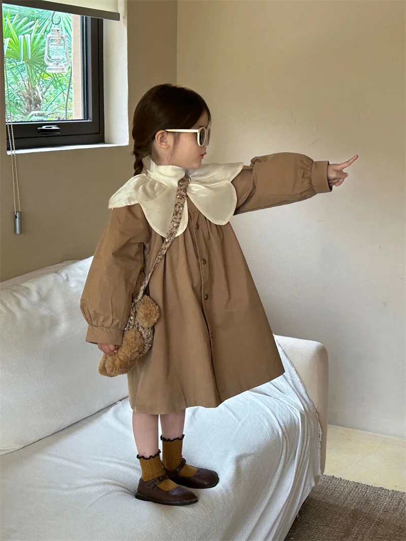 Girls Sweet Petal Collar Jackets New Kids Cute Fashion Trench Spring Autumn Children\'s Medium-length Windbreaker 2-6 Years Old