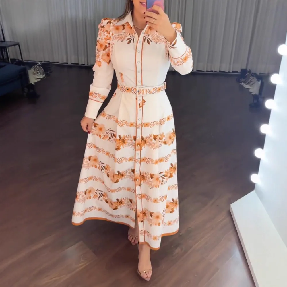 Women Floral Placement Print Turn-down Collar Puff Sleeve Vacation Dress Casual Button Down Shirt Dress With Belt and Lining