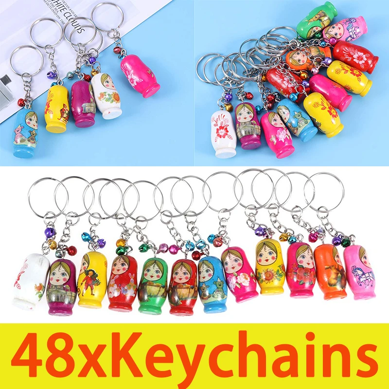 48Pcs Pendants Lovely Матрешка Russian Doll Pattern Wood Wooden Mixed With Keyrings Jewelry DIY Accessories Charms