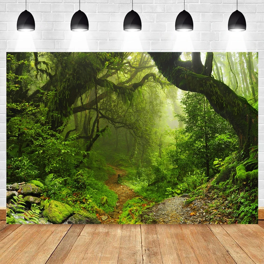 Floresta mágica selva floresta tropical folhas verdes aventura natural acampamento aniversário tapeçaria decoração fotografia fundo