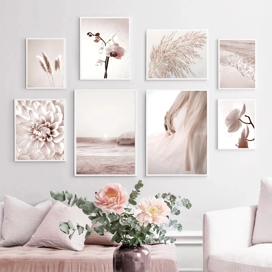 Flowers Ocean Wave Model Reed Romantic Landscape Poster Canvas Painting Pink Wall Art Poster Nordic Print Picture Home Decor