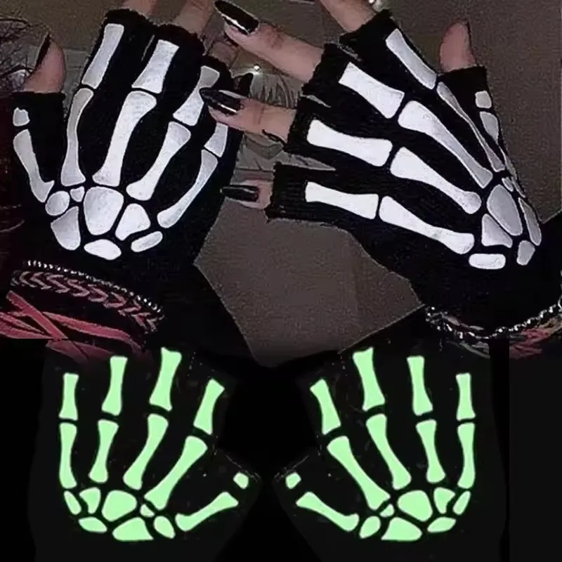 2/4Pairs New Adult Kids Halloween Skeleton Skull Half Finger Luminous Punk Gloves Winter Skull Fingerless Black Mitten