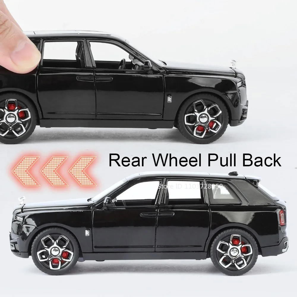 รถของเล่นจำลอง Rolls-Royce Cullinan Phantom สเกล 1:32 ผลิตจากโลหะผสม พร้อมเสียงและไฟ มีระบบดึงหลัง ภายในประณีต เหมาะสำหรับเป็นของขวัญสำหรับเด็ก